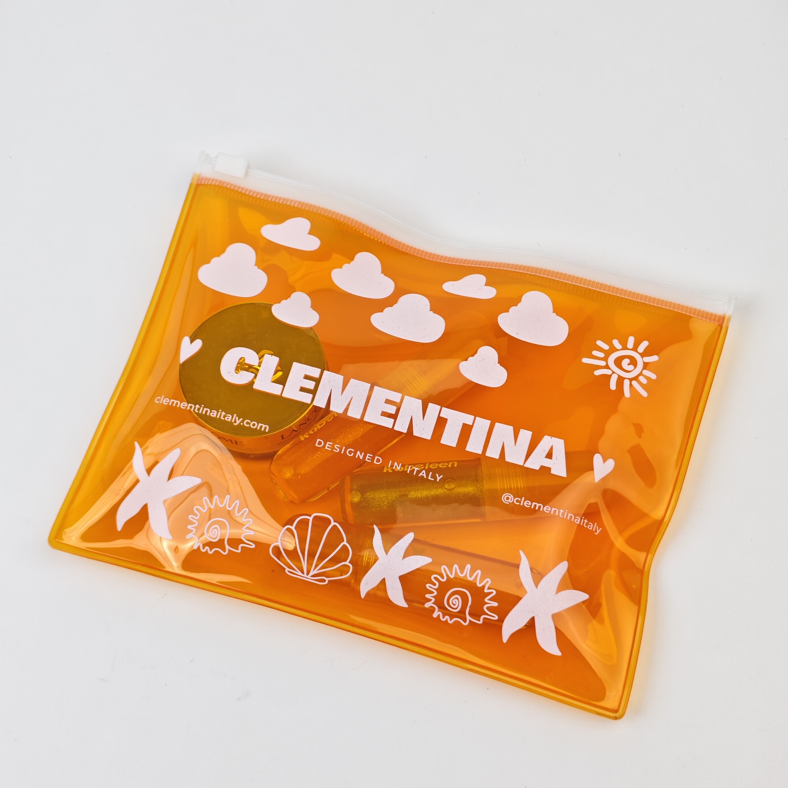 orange transparent PVC zipper bag with white printed artwork - view 4