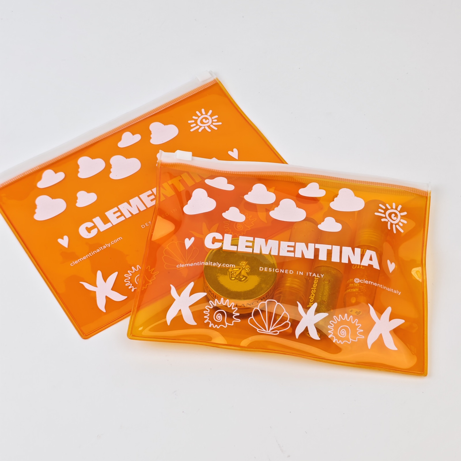 orange transparent PVC zipper bag with white printed artwork - view 6