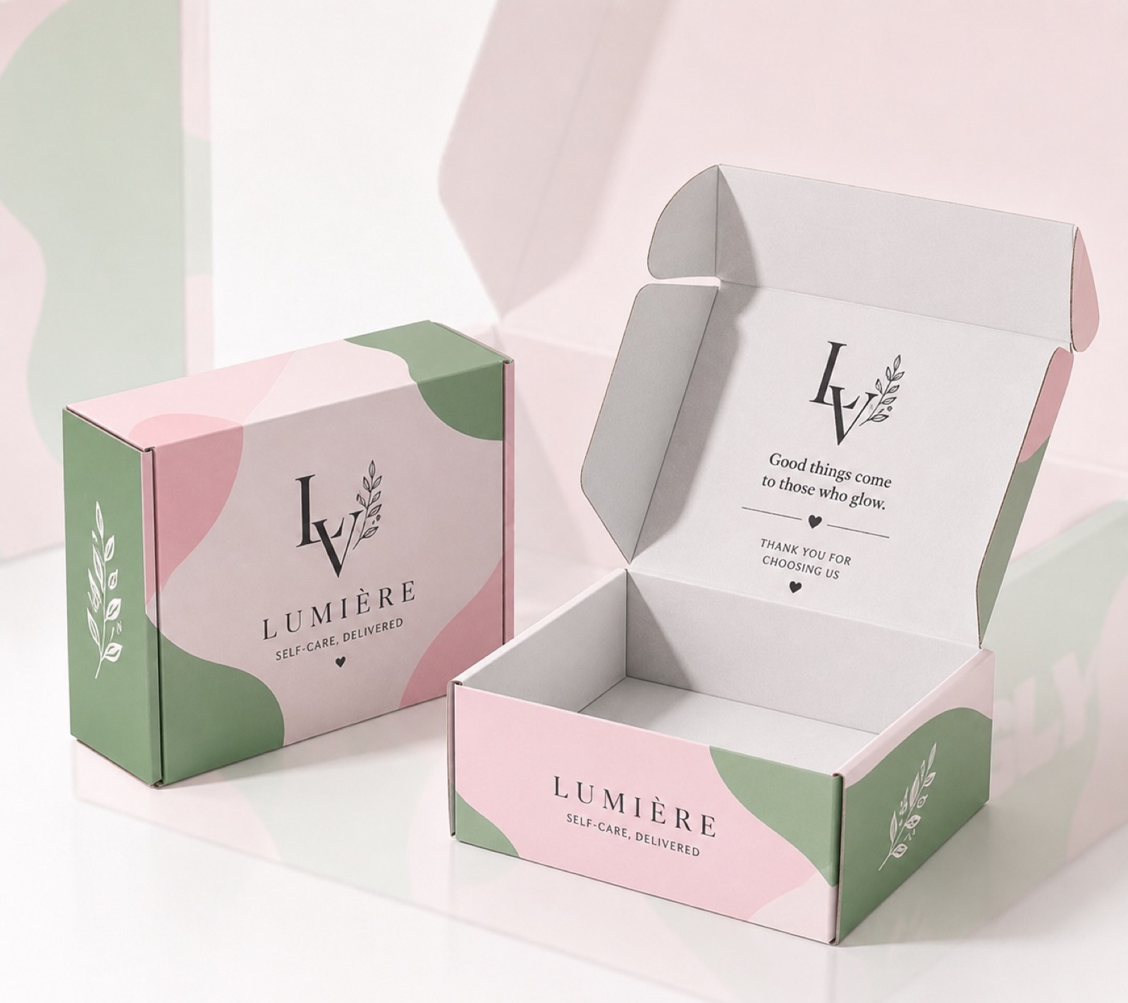 custom pastel printed mailer boxes in blue sage and pink - view 4