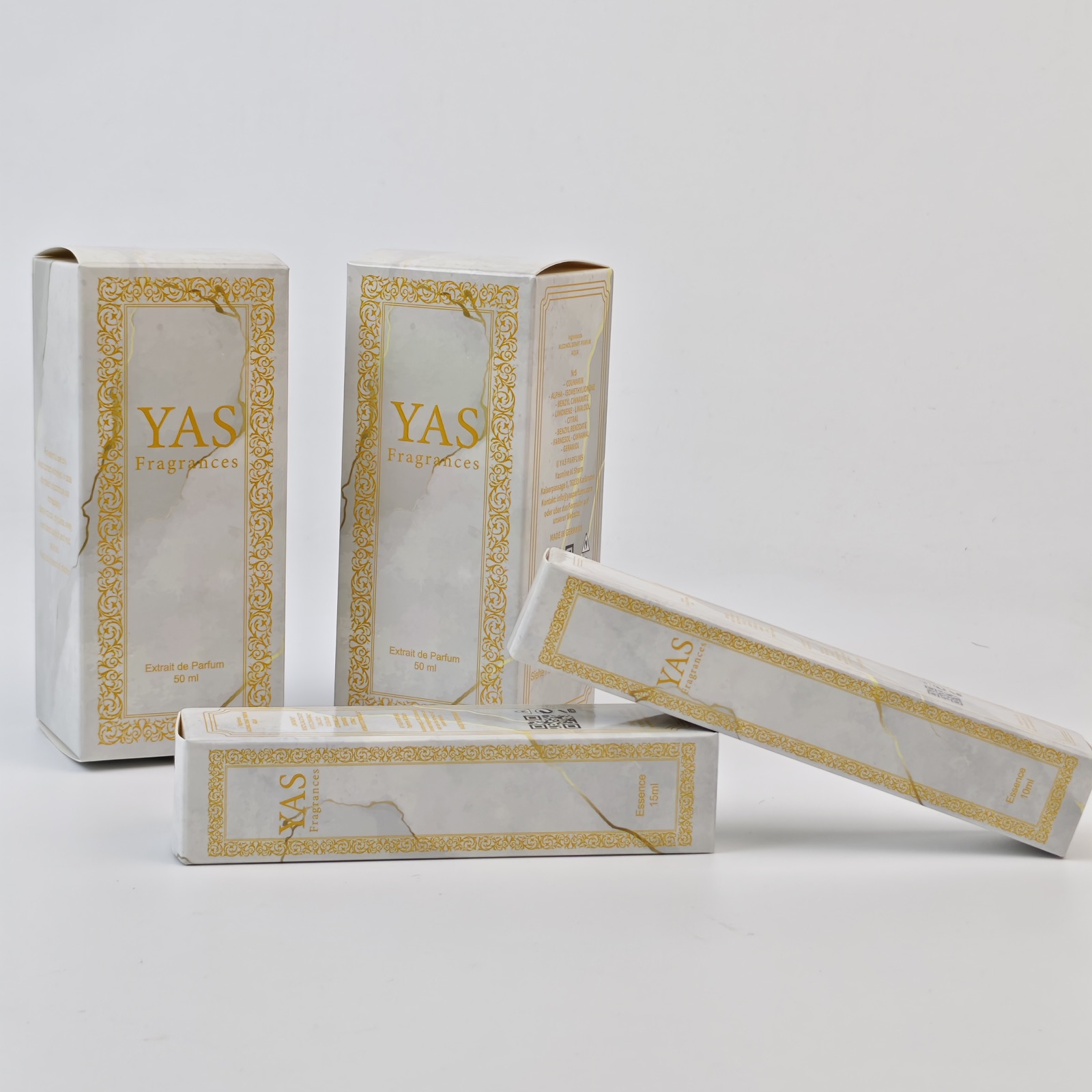 marble effect perfume folding carton with metallic gold details - view 2