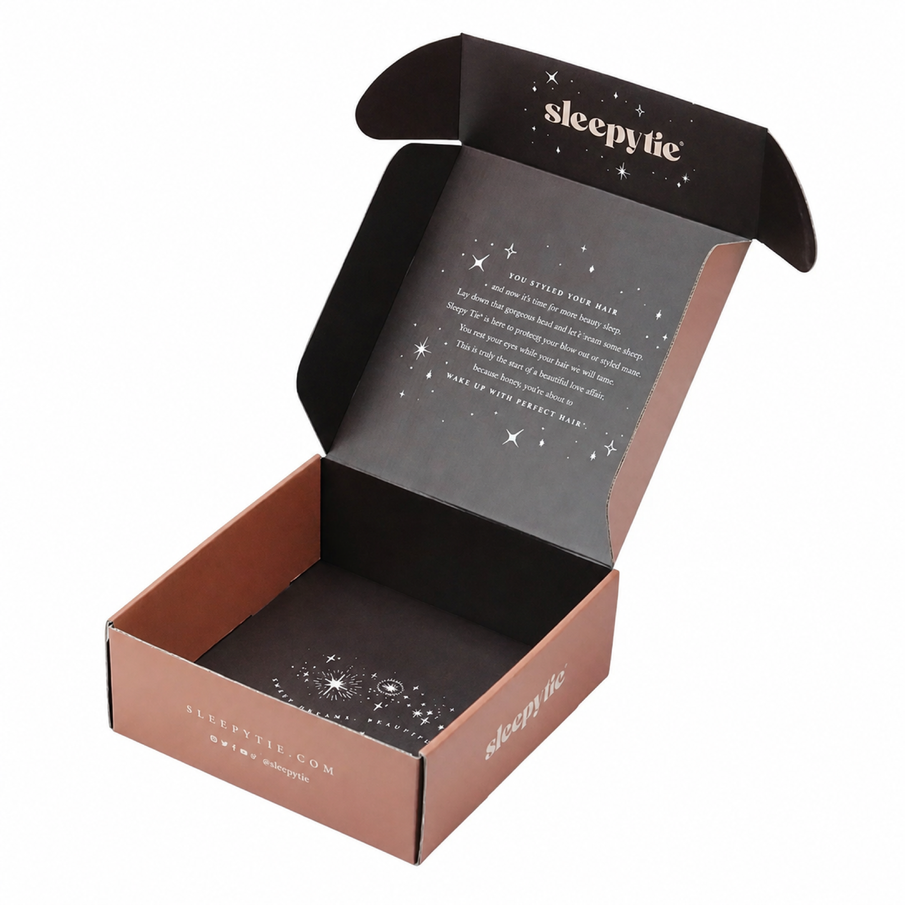 pink custom artwork corrugated mailer box with dark printed interior - view 2