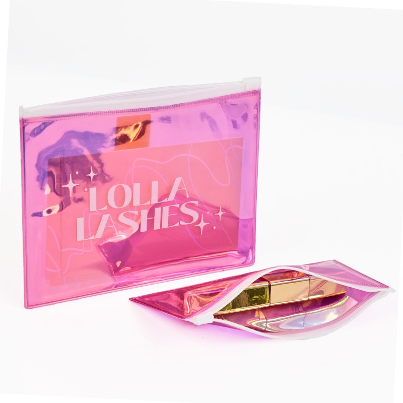 pink holographic PVC cosmetic zipper pouches on white background - view 5