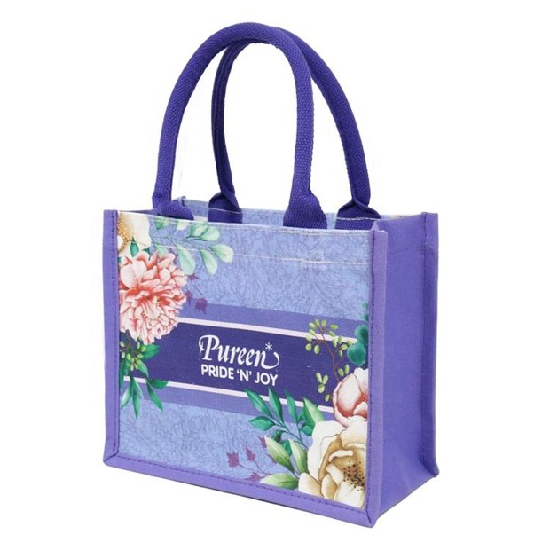 Purple Floral Printed Jute Tote