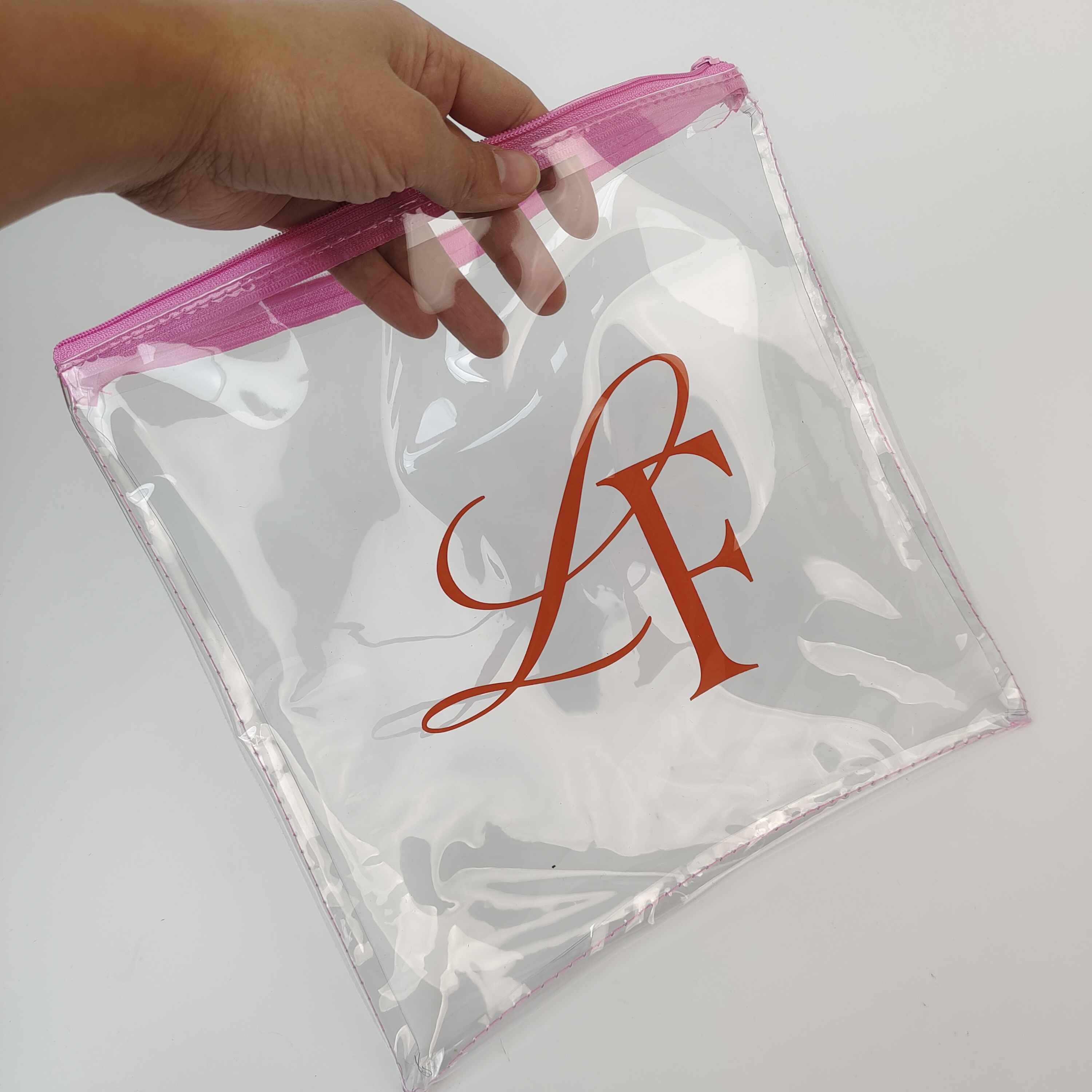 Sewn Pink-Zipper Clear PVC Pouch
