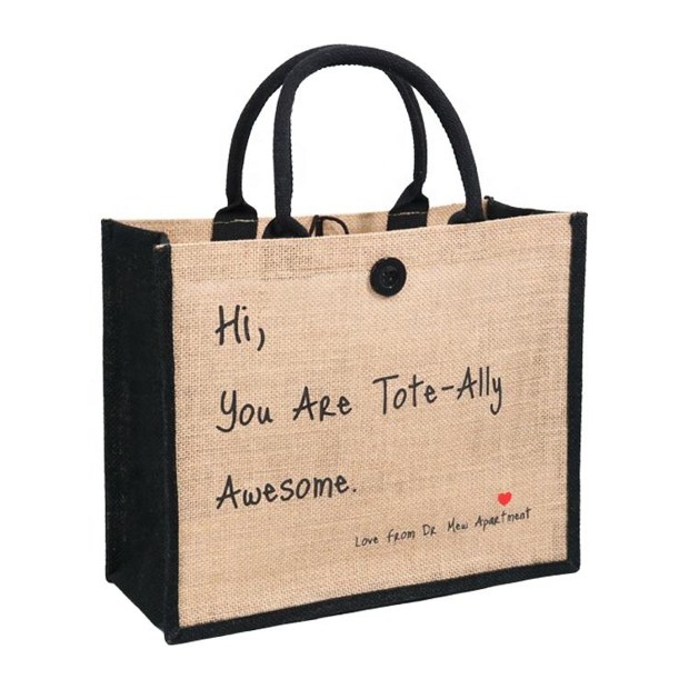 Message Print Jute Tote with Button Closure