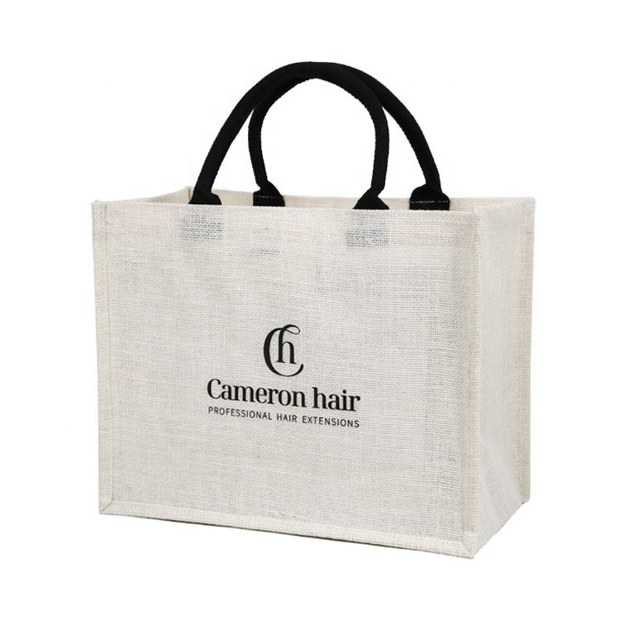 White Jute Tote with Black Handles