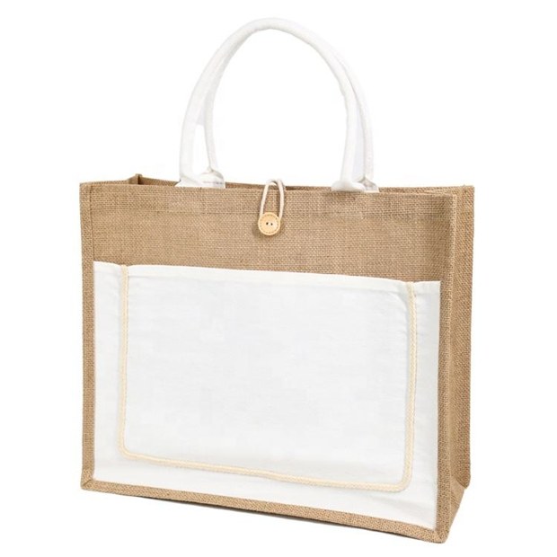 Jute Tote with White Front Pocket